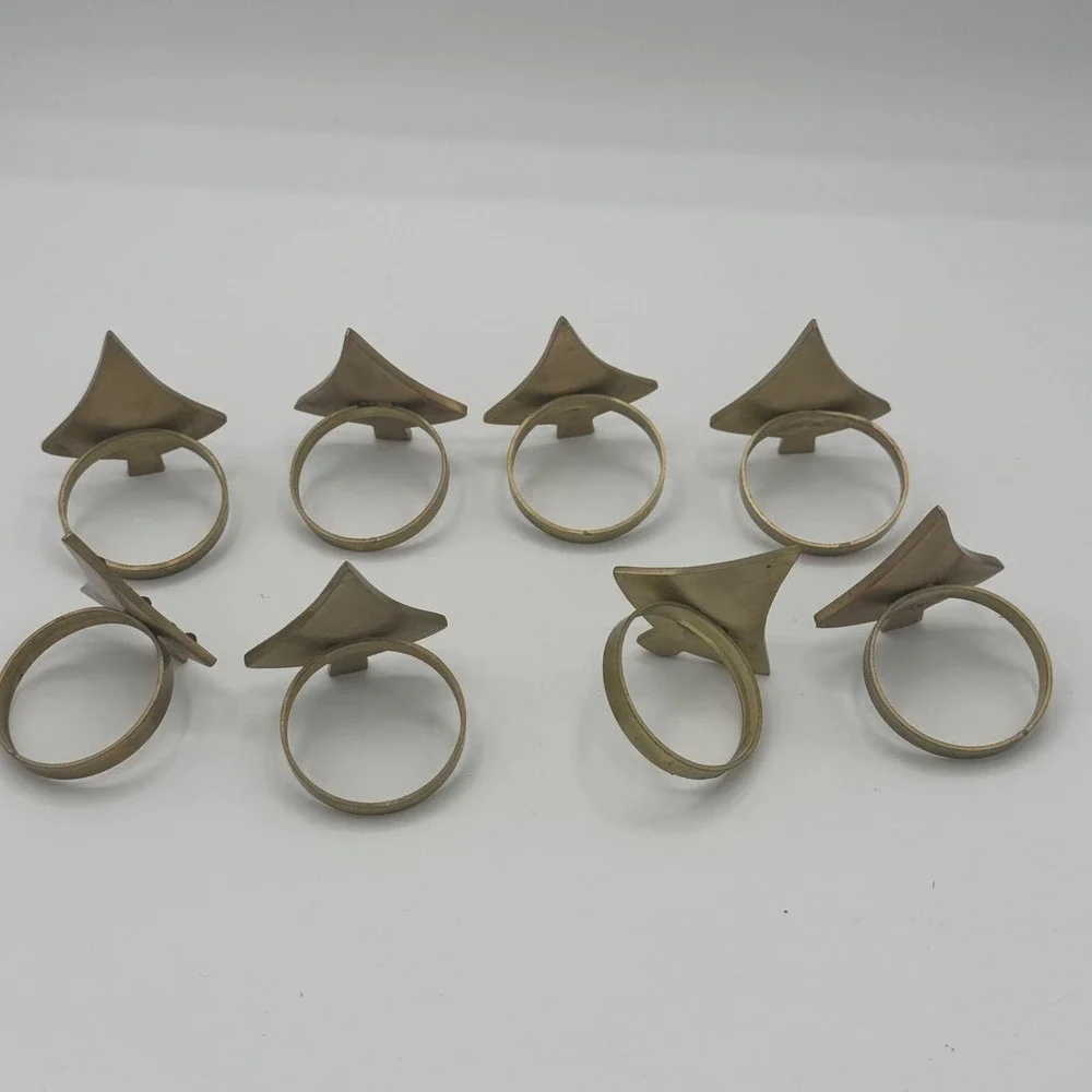 Vintage Brass Christmas Tree Napkin Rings Set of 8 Red Rhinestone Green Enamel